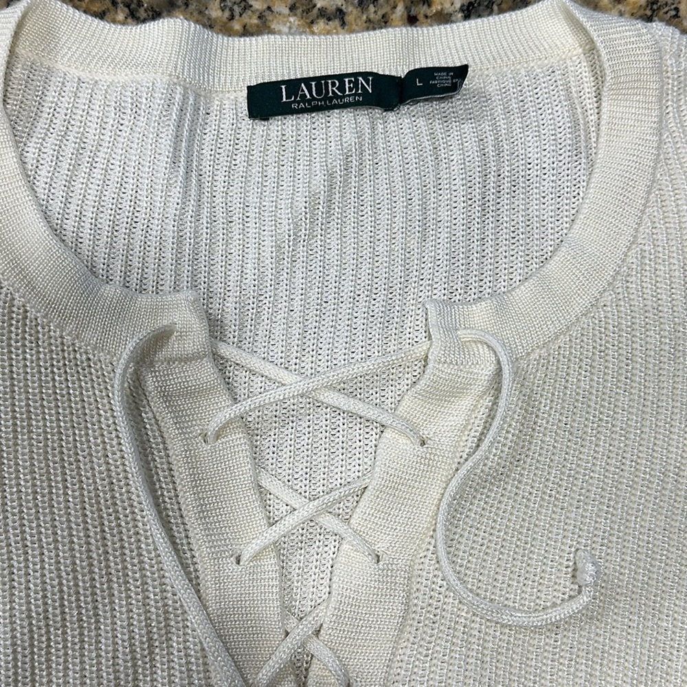 Lauren Ralph Lauren ivory lace up v-neck luxe sweater - Picture 4 of 5